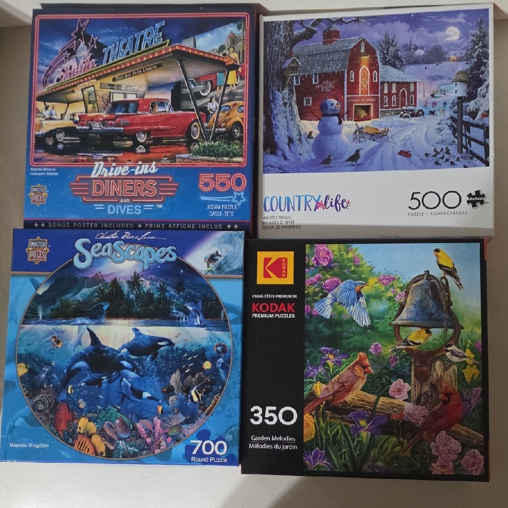 4 Puzzle Lot - Drive-ins Diners 550, Seascapes 700, Country Life 500 & Garden Me